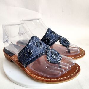 Jack‎ Rogers Sandals Size 6 M Navajo Blue Denim Open Toe Thong Flat Leather Sole